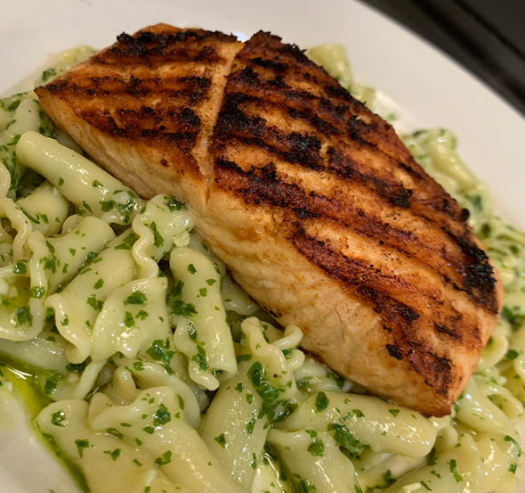 Grilled Salmon over Pesto Pasta